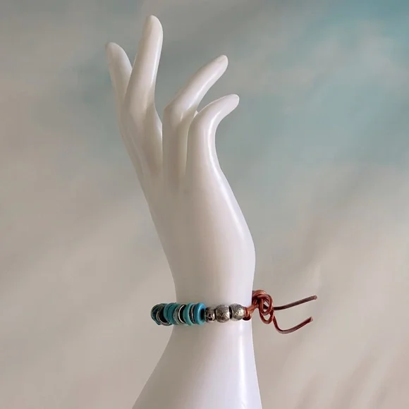 Turquoise Metal and Leather Bracelet - Picture 3 of 6